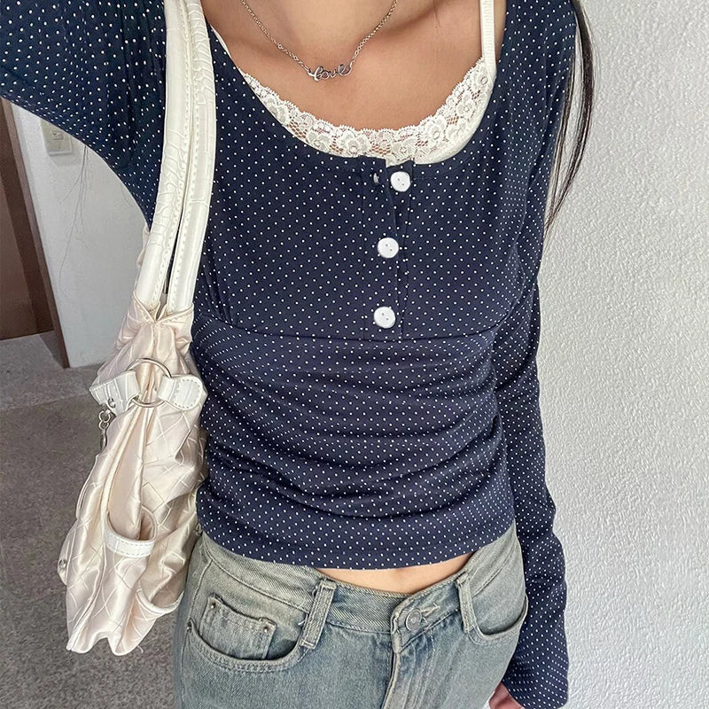 Cute Polka Dot Print Fake Two Piece Fall T-shirt Korean Fashion Lace Patchwork Long Sleeve Slim Fit Tops Y2K Korean