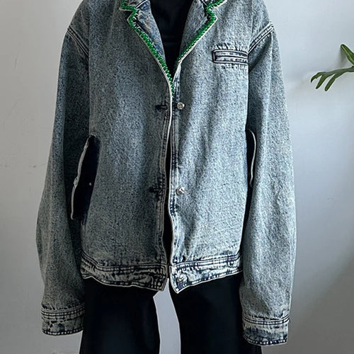Load image into Gallery viewer, Blue Denim Rhinestones Big Size Casual Jacket New Lapel Long Sleeve Women Coat Fashion Tide Spring Autumn 2025 1DH9669
