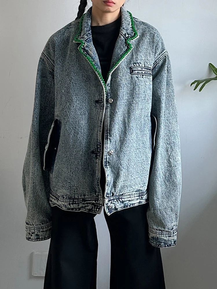 Blue Denim Rhinestones Big Size Casual Jacket New Lapel Long Sleeve Women Coat Fashion Tide Spring Autumn 2025 1DH9669