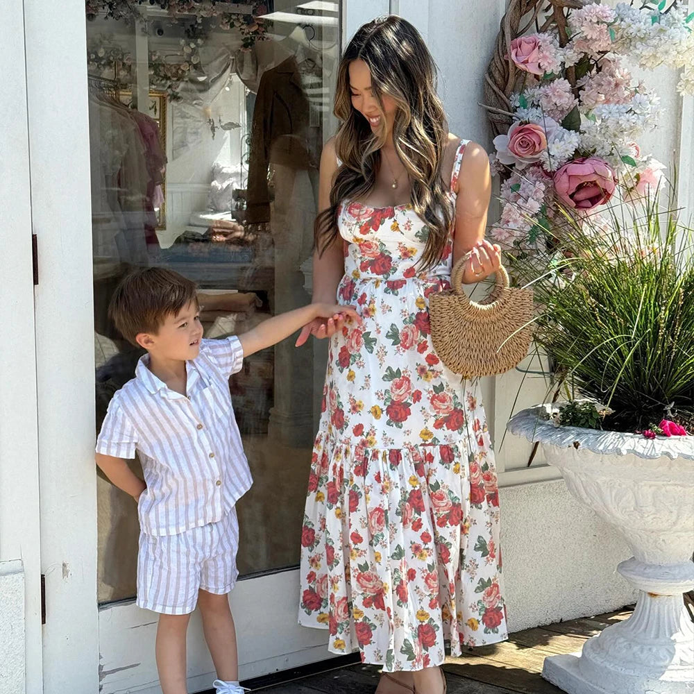 Summer Ruffle Hems Elegant Party Dresses 2024 Causal Floral Print Fit and Flare Dress with Pocket Women Midi Dress