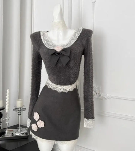 French Retro 2025 Women Grey Patchwork Lace Elegant Long Sleeved Bow Tops And High Waist Short Skirt Autumn Winter Two Piece Set