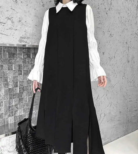 Women Black Irregular Ribbons Big Size Strap Dress New Round Neck Sleeveless Fashion Tide Spring Autumn 2025 1DH8059
