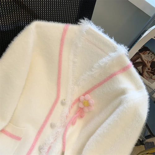 Load image into Gallery viewer, Autumn Winter Pink Blue Patchwork Elegant Button Knit Cardigan Tops Women Korean Fashion V-neck High Street Long Sleeve Sweater
