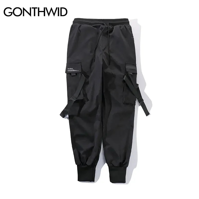 Ribbon Buckle Multi-Pockets Harem Joggers Pants Streetwear 2023 Men Hip Hop Casual Cargo Sweatpants Trousers Pants Male