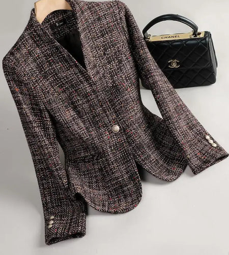 Korean Fashion Woman Autumn Winter Retro Brown Plaid V Neck Long Sleeves Woolen Blazers Coat Vintage Elegant Single Button Tops