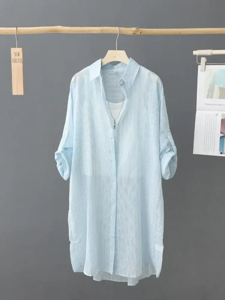 Casual Women's Shirt Loose Long Sleeve Top Summer Thin Jacket Coat Medium Long Blouses Female Clothing Fashion Solid Color