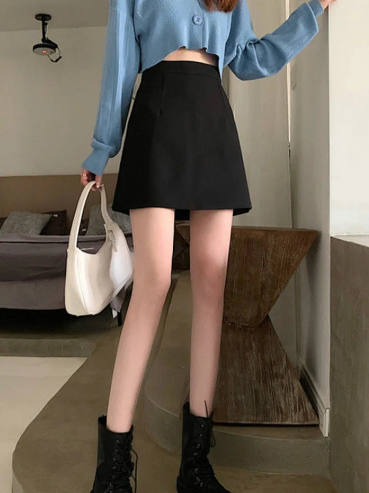 Black Skirts Women Mid-calf College A-line High Waist Korean Style OL All-match Friends  Streetwear Chic Female Bottom