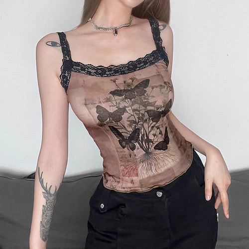 Load image into Gallery viewer, Y2K Brown Vintage Lace Trim Summer Camis Tops Butterfly Flowers Print Mini Crop Top Women Cute 2000s Aesthetic Frills
