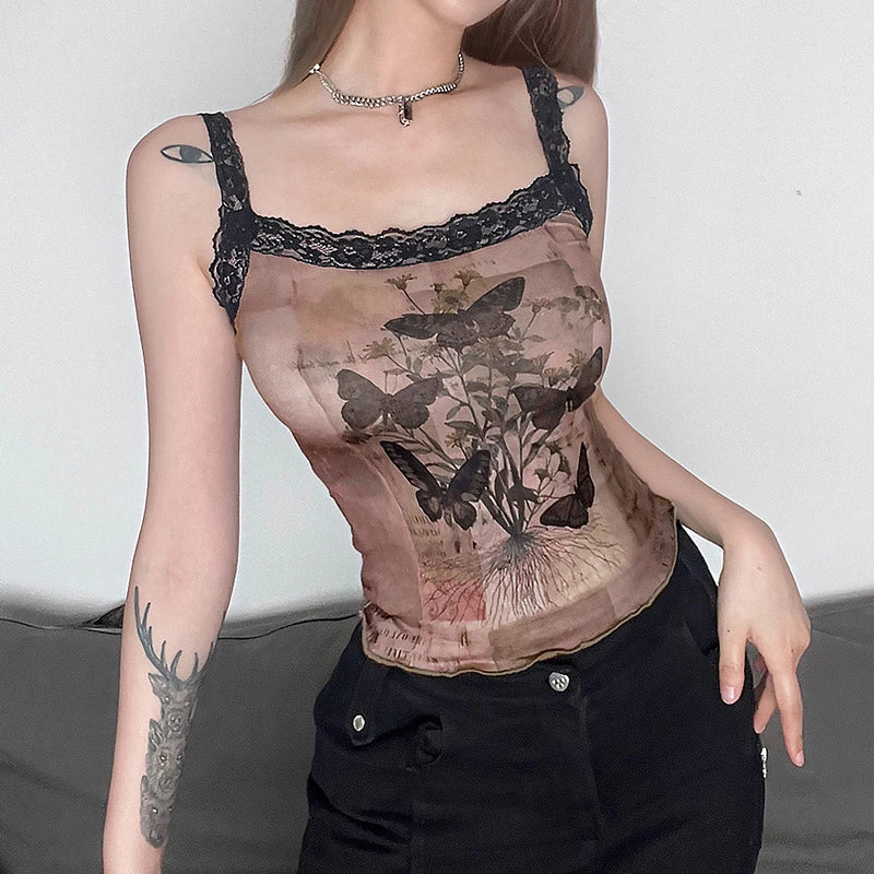 Y2K Brown Vintage Lace Trim Summer Camis Tops Butterfly Flowers Print Mini Crop Top Women Cute 2000s Aesthetic Frills