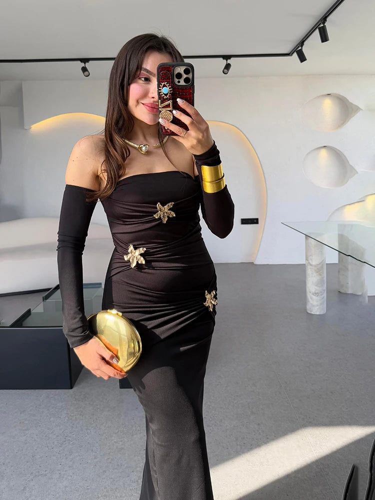 Metal Buckle Strapless Sexy Maxi Dress For Women Off-shoulder Backless Long Sleeve Ruched Bodycon Club Long Dress