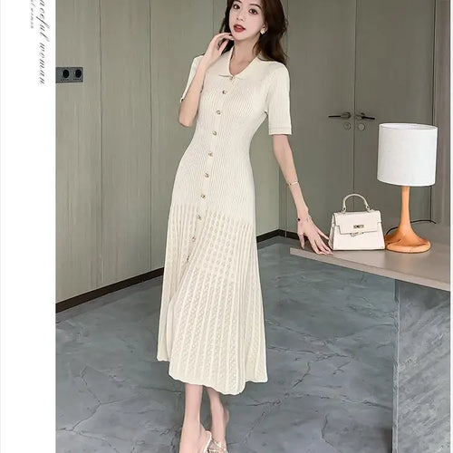 Load image into Gallery viewer, Summer 2024 New Women's Black Beige Single Breasted Knitted Long Dress Green Elegant Office Lady Short Sleeve Pleated Dress Chic
