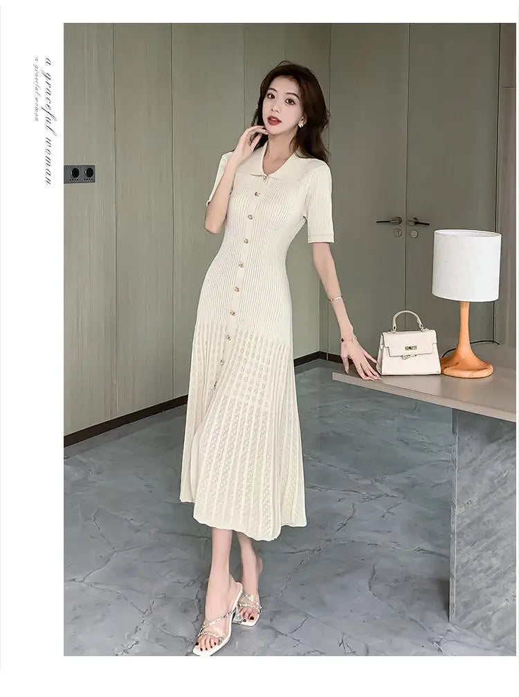 Summer 2024 New Women's Black Beige Single Breasted Knitted Long Dress Green Elegant Office Lady Short Sleeve Pleated Dress Chic