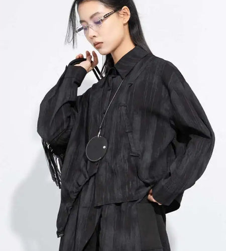 Women Black Irregular Tie Dye Big Size Elegant Blouse New Lapel Long Sleeve Shirt Fashion Tide Spring Autumn 2025 1DH7715