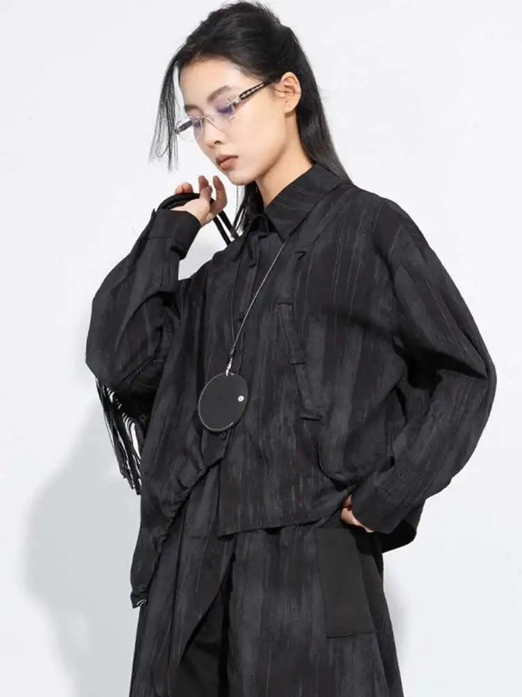 Women Black Irregular Tie Dye Big Size Elegant Blouse New Lapel Long Sleeve Shirt Fashion Tide Spring Autumn 2025 1DH7715