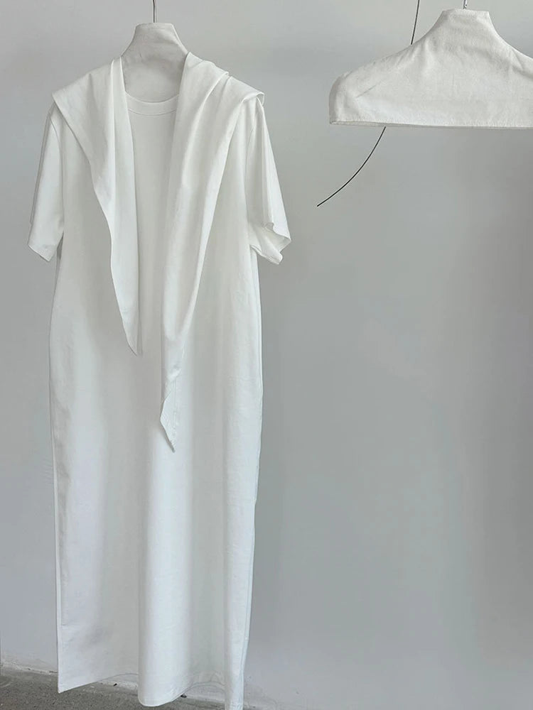 Women White Bandage Irregular Big Size Midi Dress New Round Neck Short Sleeve Fashion Tide Spring Summer 2025 1DJ1263