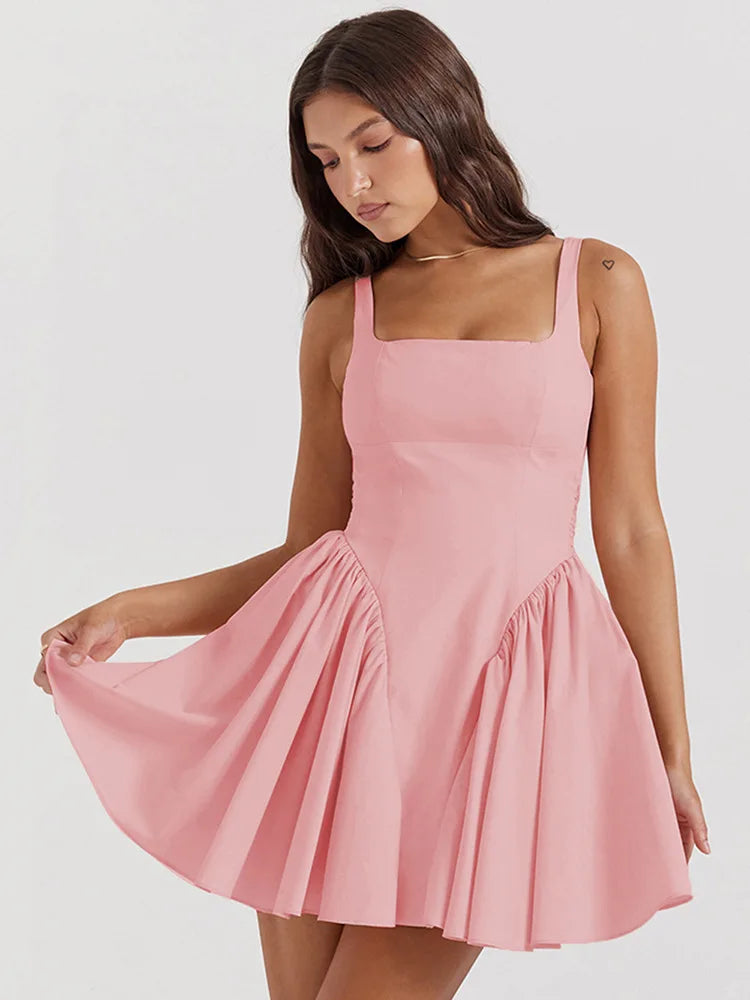 Elegant Backless Bow Mini Dress For Women 2023 Autumn New Square Collar Sleeveless Ruffles Sexy Dress Vintage Fashion