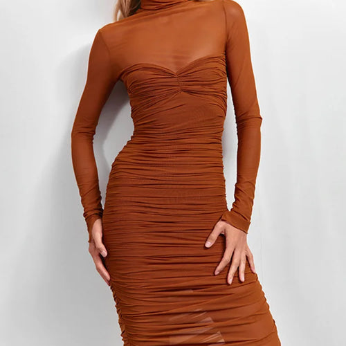 Load image into Gallery viewer, Elegant Mesh Patchwork Elastic Dress Women 2025 New Winter Solid Color High Neck Long Sleeve Sexy Perspective Vestido
