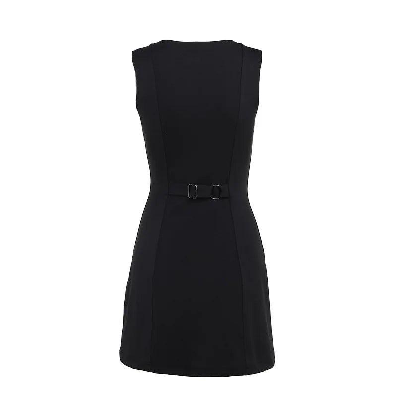 Fashion Sleeveless Sexy Mini Dress For Women New O Neck Single-btrasted Bodycon Club Party Tank Dress Femme Clothes