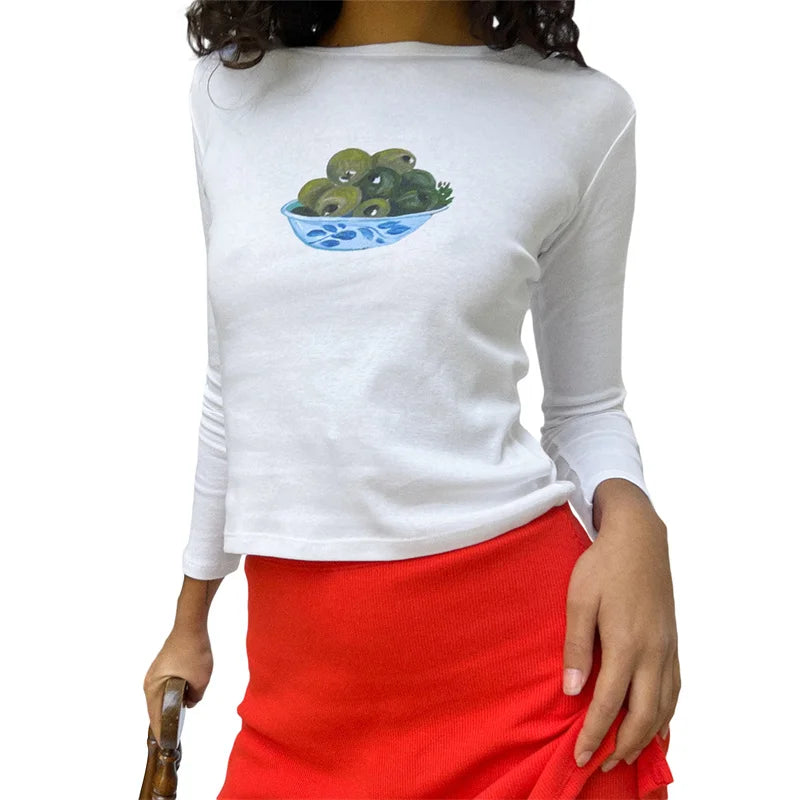 y2k Crop Top 2000s Women Graphic Cherry/Cake Print Round Neck Long Sleeve T Shirt Aesthetic Clothing White Streetwear