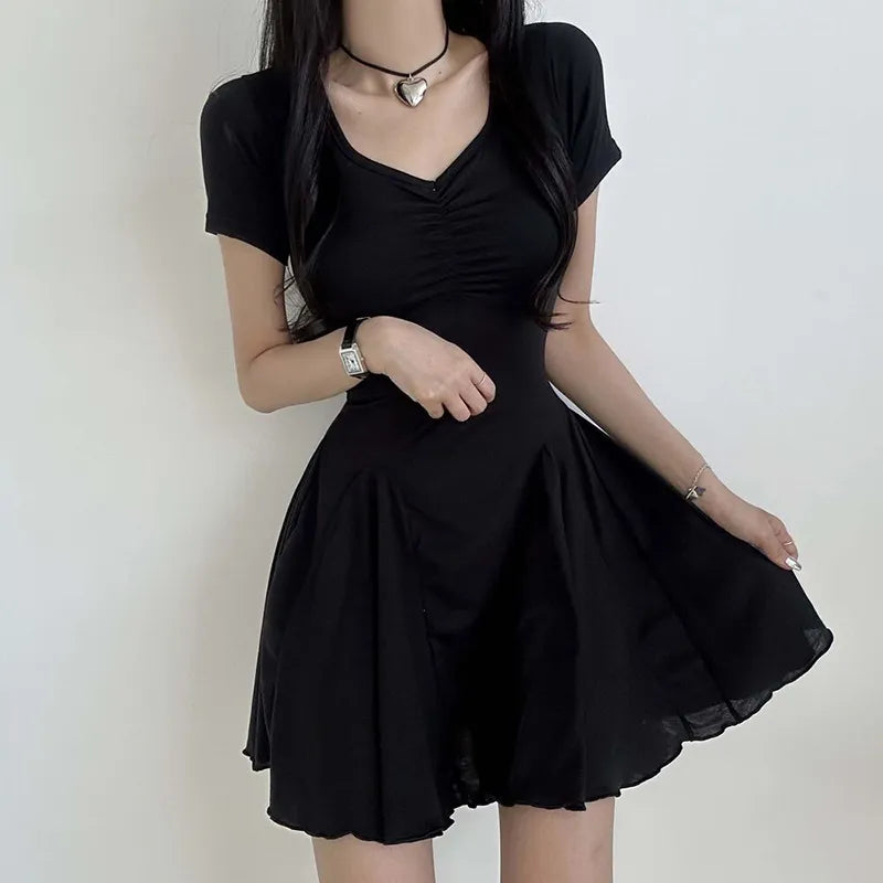 V Neck Folds Folds Basic Short Casual Dress for Women Korean Fashion A-Line Sundress Draped Summer Dresses Clothing