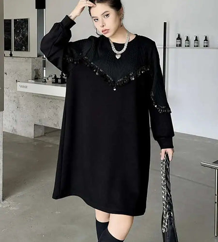 Women Black Sequins Big Size Knee-Length Casual Dress New Round Neck Long Sleeve Fashion Tide Spring Autumn 2025 1DH8736