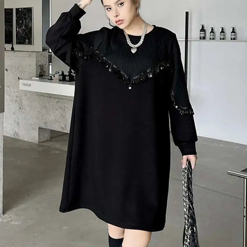 Load image into Gallery viewer, Women Black Sequins Big Size Knee-Length Casual Dress New Round Neck Long Sleeve Fashion Tide Spring Autumn 2025 1DH8736
