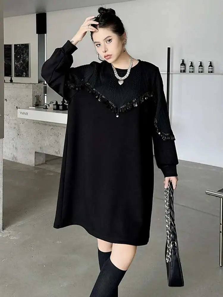 Women Black Sequins Big Size Knee-Length Casual Dress New Round Neck Long Sleeve Fashion Tide Spring Autumn 2025 1DH8736