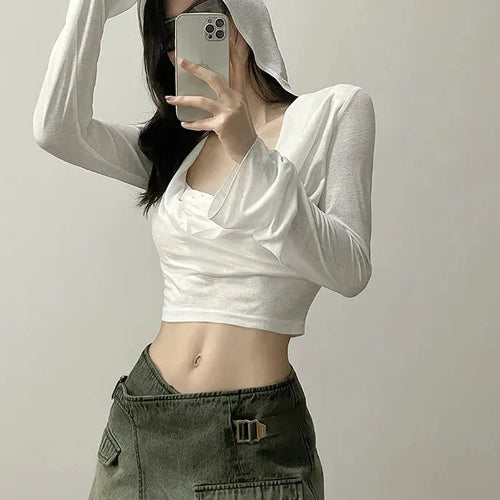 Load image into Gallery viewer, Trashy Y2k Girl T Shirt White Sheer Hooded Cowl Neck Long Sleeve Crop Tops for Women Fall Clothing 2023 P71-AH17
