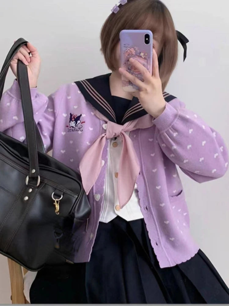 Japanese Kawaii Cartoon Embroidery Cardigans Y2k Aesthetic Women Knitted Star Jacquard Tops Streetwear Preppy Stylel Loose Coats