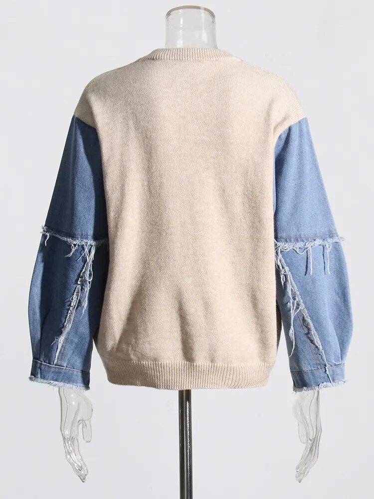 Hit Color Spliced Denim Sweater For Women Round Neck Long Sleeve Pullover Sweaters Female Fashion Style Clothing