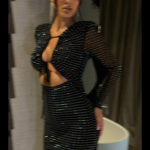 Load image into Gallery viewer, Elegant Sequin Sparkle Sexy Maxi Dress For Women Fashion Hollow Out Sheer Long Sleeve Bodycon Club Party Long Dress
