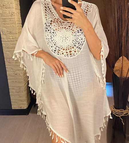 Fringe Tassel Embroidery Half Sleeve Tunic Beach Cover Up Cover-ups Long Beach Dress Beach Wear Beachwear Female Women V5328