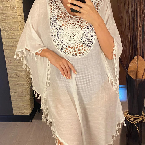 Load image into Gallery viewer, Fringe Tassel Embroidery Half Sleeve Tunic Beach Cover Up Cover-ups Long Beach Dress Beach Wear Beachwear Female Women V5328
