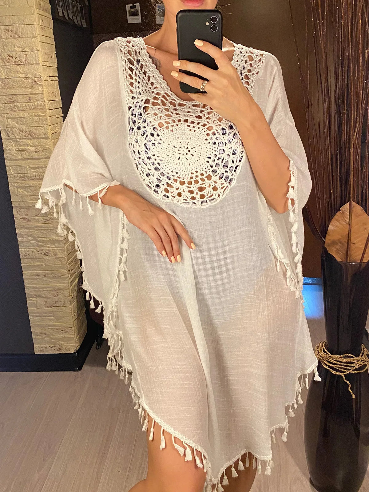 Fringe Tassel Embroidery Half Sleeve Tunic Beach Cover Up Cover-ups Long Beach Dress Beach Wear Beachwear Female Women V5328