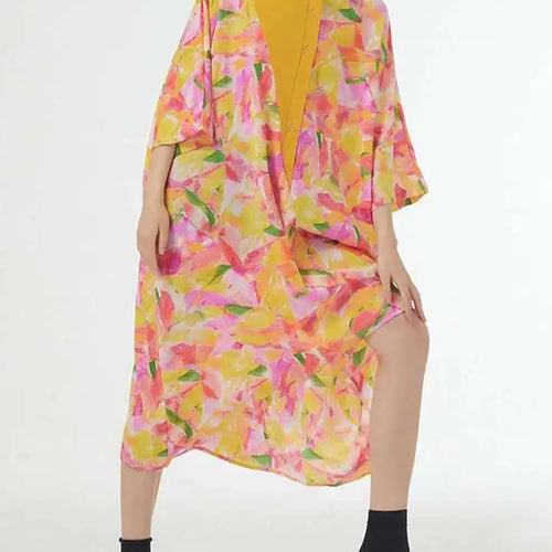 Load image into Gallery viewer, Women Blue Printed Big Size Midi Floral Dress New Stand Collar Short Sleeve Loose Fit Fashion Spring Summer 2025 1DF9379
