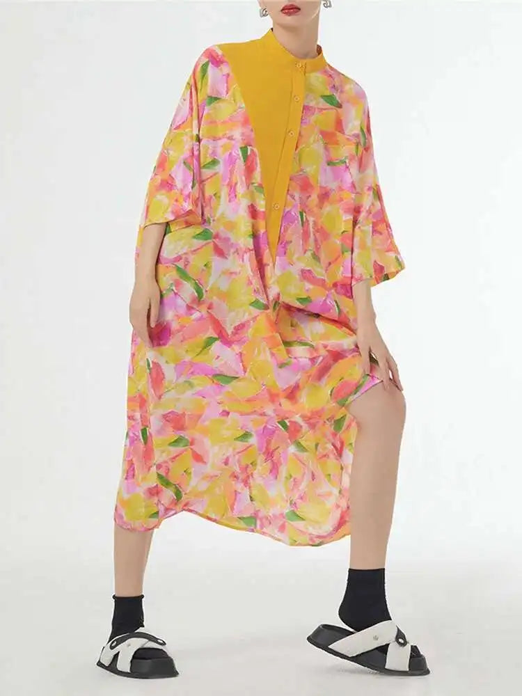 Women Blue Printed Big Size Midi Floral Dress New Stand Collar Short Sleeve Loose Fit Fashion Spring Summer 2025 1DF9379