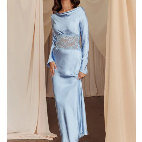 Load image into Gallery viewer, Elegant Long Sleeved Satin Lace Patchwork Dress Women Slim Fit Lace Style Party Club Evening Dress Female 2024 New
