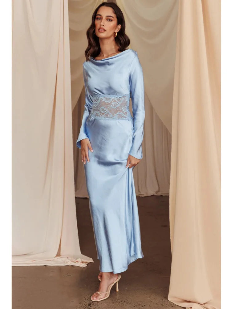 Elegant Long Sleeved Satin Lace Patchwork Dress Women Slim Fit Lace Style Party Club Evening Dress Female 2024 New