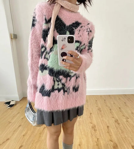 Japanese Y2k Pink Sweater Vintage Harajuku Knitted Pullover 2000s Aesthetic Kawaii Oversized Knitwear Mohair Cute Lolita