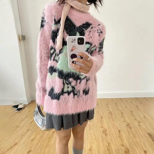 Load image into Gallery viewer, Japanese Y2k Pink Sweater Vintage Harajuku Knitted Pullover 2000s Aesthetic Kawaii Oversized Knitwear Mohair Cute Lolita

