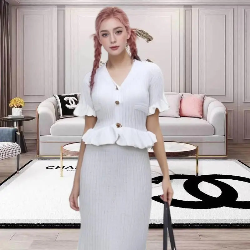 Women Black White V-neck Single Breasted Ruffles Knitted Dresses For Fashion Spring Summer Blue Elegant Short Sleeved Long Dress