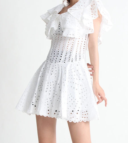 Sexy Embroidery Mini Dress For Women Slash Neck Short Sleeve High Waist Cut Out Ruffles Dresses Female Summer Clothing Style