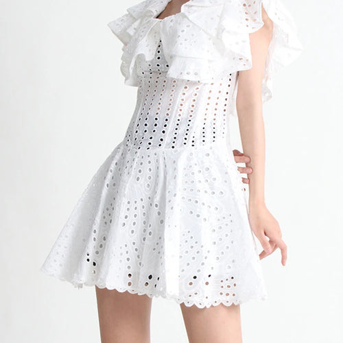 Load image into Gallery viewer, Sexy Embroidery Mini Dress For Women Slash Neck Short Sleeve High Waist Cut Out Ruffles Dresses Female Summer Clothing Style
