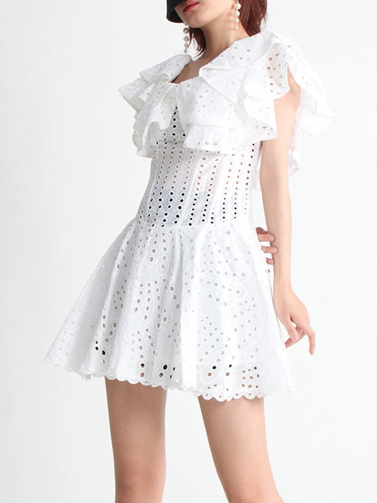 Sexy Embroidery Mini Dress For Women Slash Neck Short Sleeve High Waist Cut Out Ruffles Dresses Female Summer Clothing Style