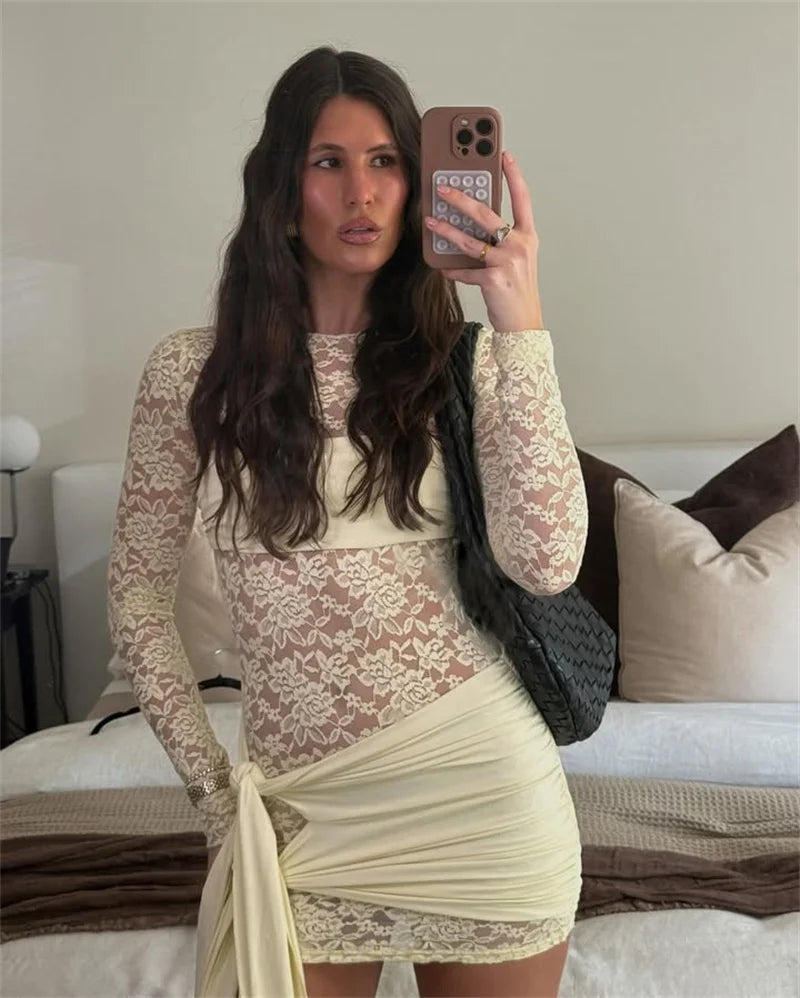 Lace See Through Draped Mini Dress Women Robe Elegant Patchwork Long Sleeve Slim Ruched Club Party Dress Clubwear