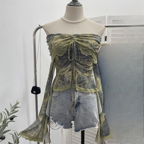 Load image into Gallery viewer, Slash Neck Tie-dye Harajuku T-shirts Streetwear Lace Patchwork Slim Fit Grunge Tops Women Y2k Aesthetic Vintage Drawstring Tees
