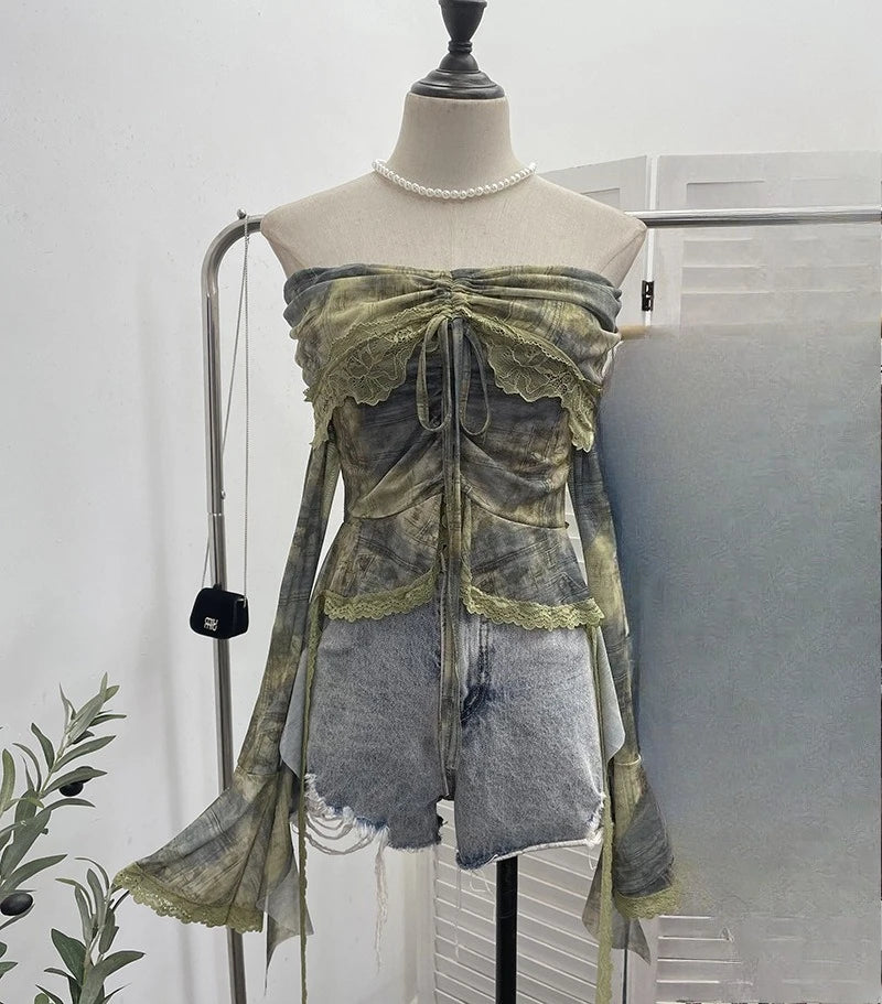 Slash Neck Tie-dye Harajuku T-shirts Streetwear Lace Patchwork Slim Fit Grunge Tops Women Y2k Aesthetic Vintage Drawstring Tees