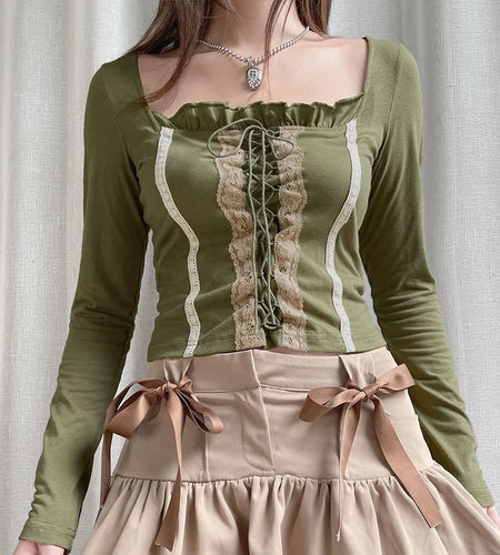 Vintage Green Lace Spliced Bodycon Women Tee Shirts Cute Y2K Outfits Tie Up Ruffles Fairycore Autumn T shirt Top Slim