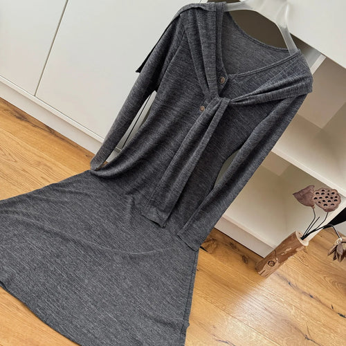 Load image into Gallery viewer, French Gray Elegant Fashion Knit Dresses Women Autumn Winter 2024 New Bandage Shawl And V-neck Button Long Sleeved Dress Casual
