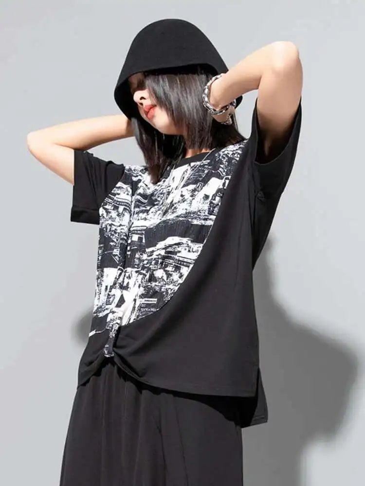 Women Black Printed Irregular Pleated Big Size T-shirt New Round Neck Short Sleeve Fashion Tide Spring Summer 2025 1DF8956